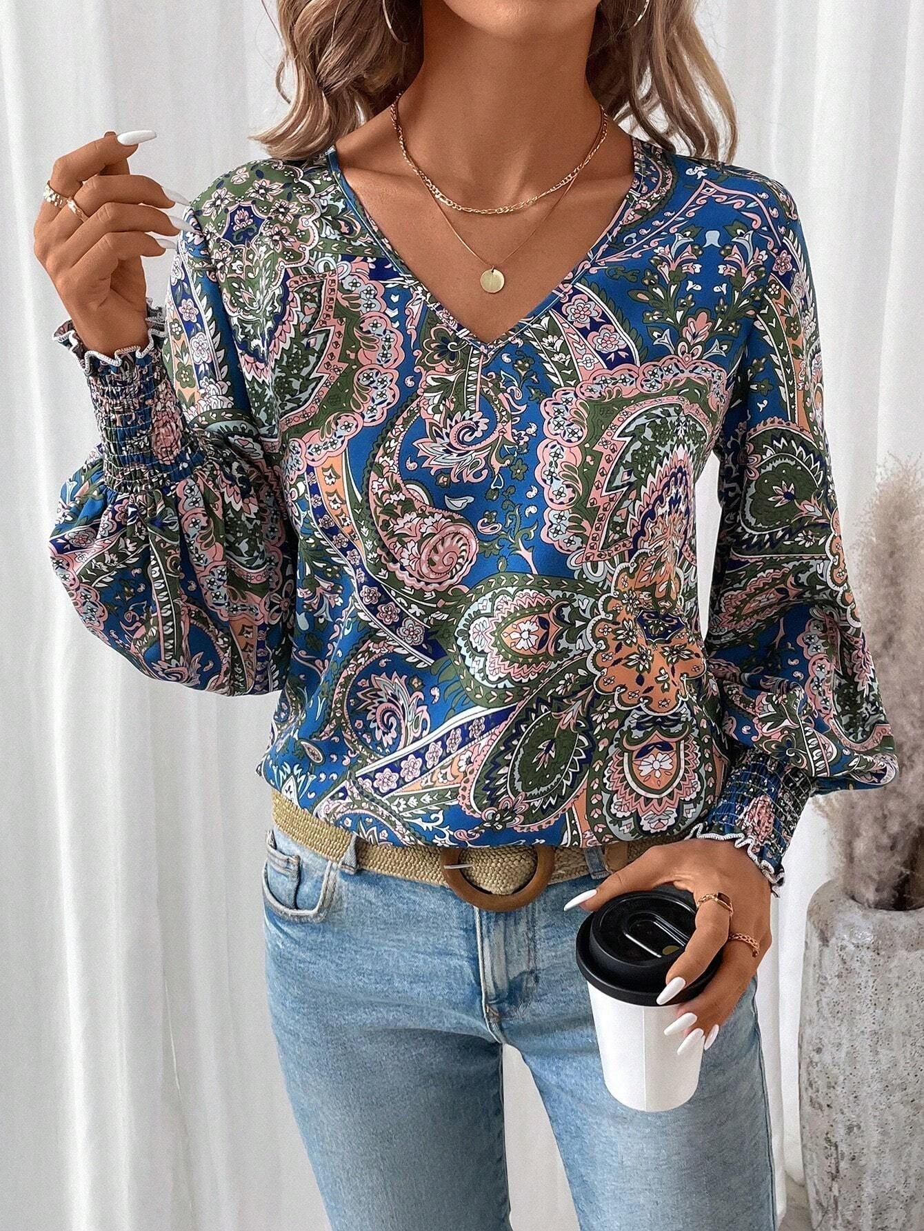 Bloemenprint damesblouse met V-hals en lantaarnmouwen - Malina