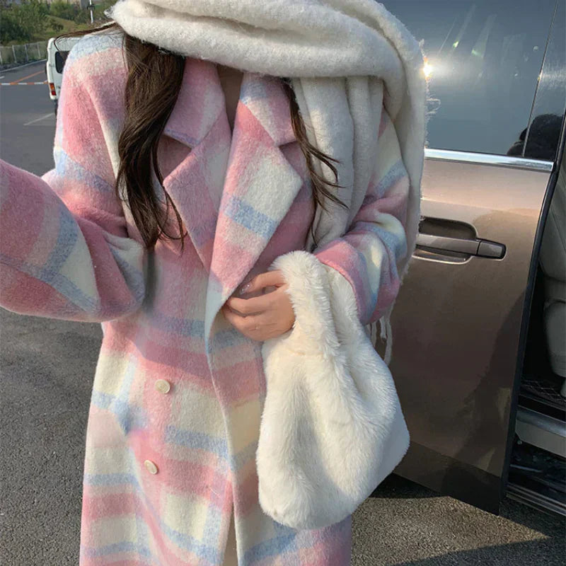 Pastelkleurige Geruite Wolmix Jas met Dubbele Knopenrij - Sofie