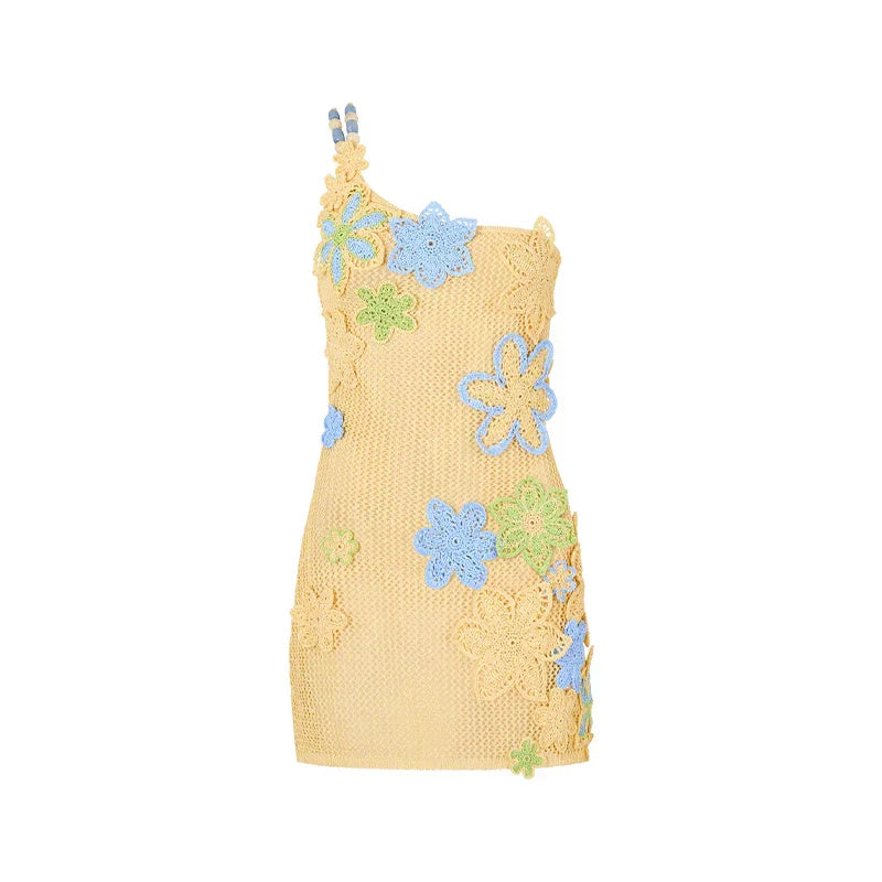 Geel Gehaakte Zomer Mini Jurk met Bloemenborduursel – Nari