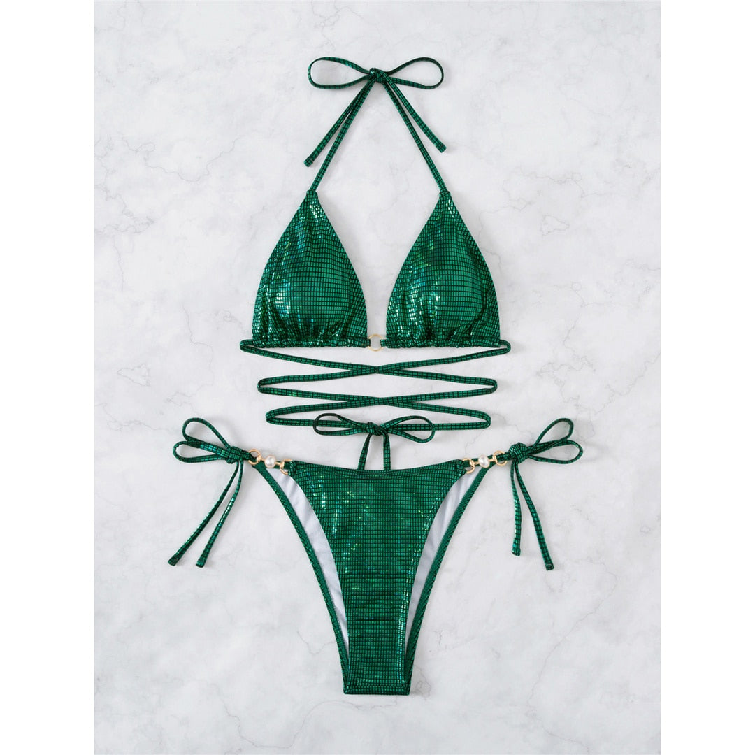 Greeny Glitter Bikini | Met sexy straps