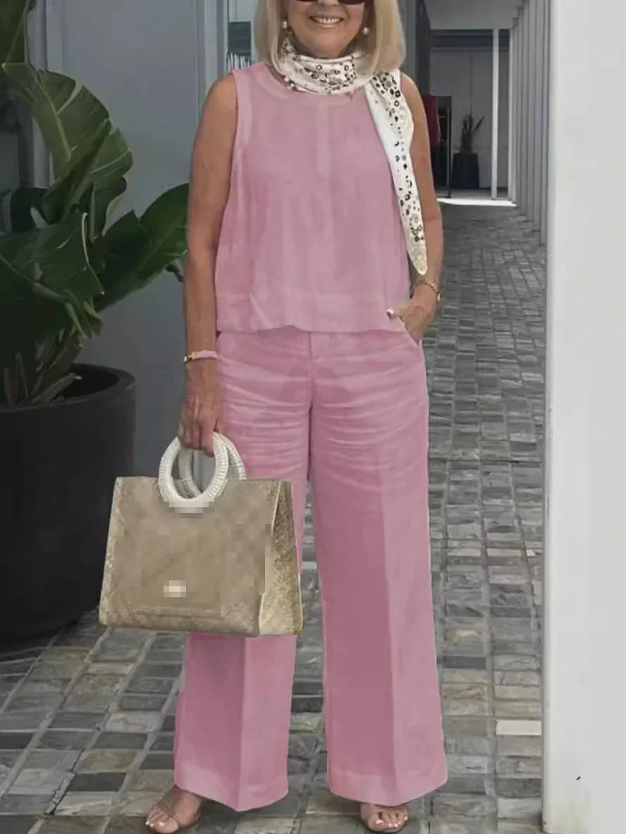 Tweedelige Dames Linnen Zomerset met Mouwloze Blouse – Maelis