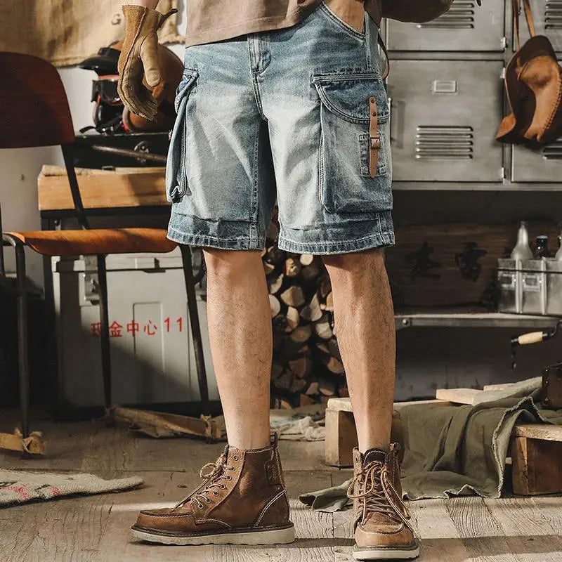 Heren Denim-Cargo-Bermuda in Retro Motorstijl – Ronex