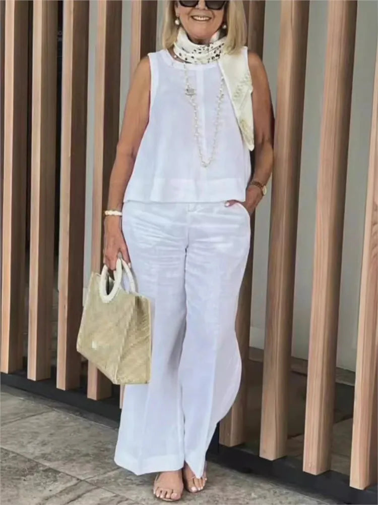 Tweedelige Dames Linnen Zomerset met Mouwloze Blouse – Maelis