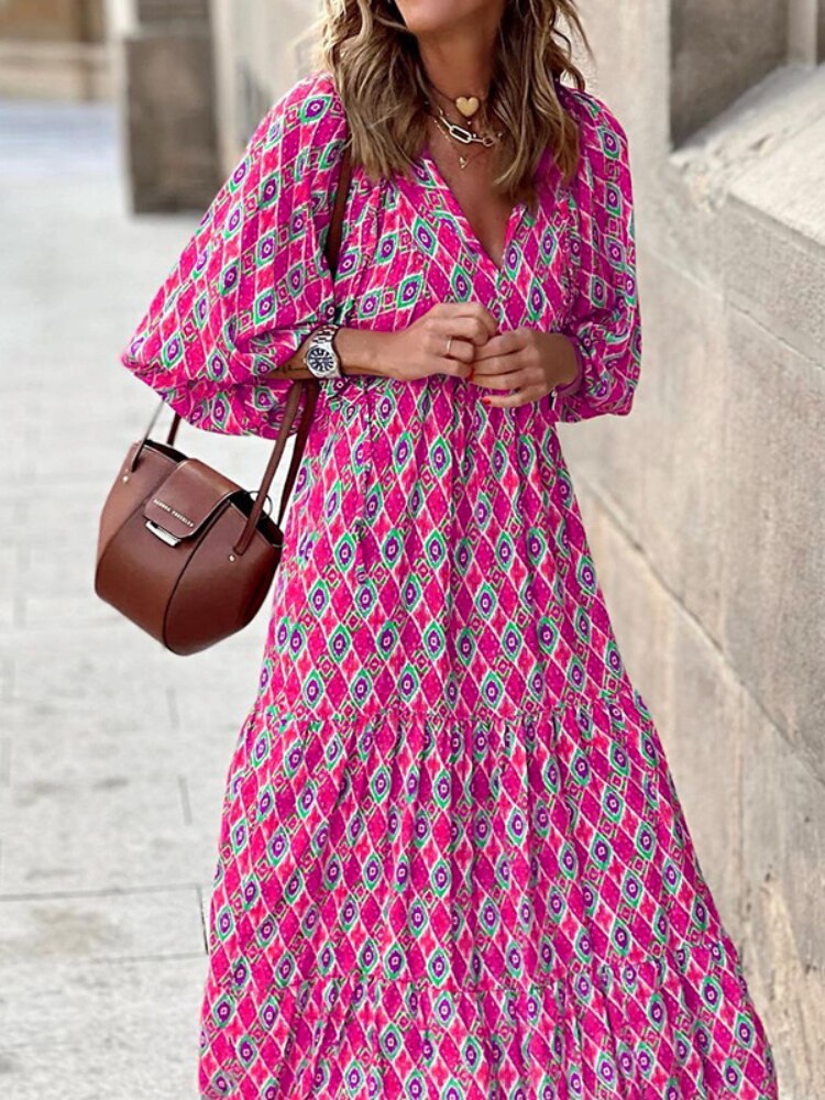 Bedrukte Maxi Jurk met Tailleband – Aurelia