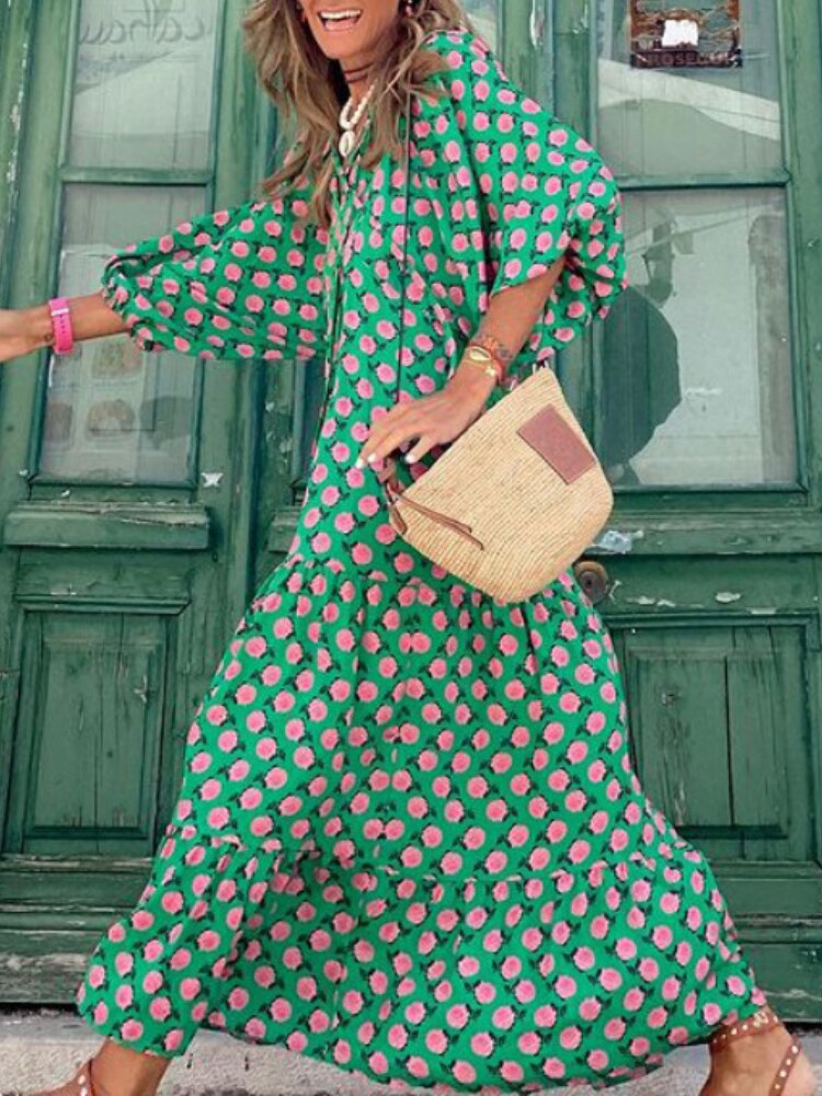 Bedrukte Maxi Jurk met Tailleband – Aurelia