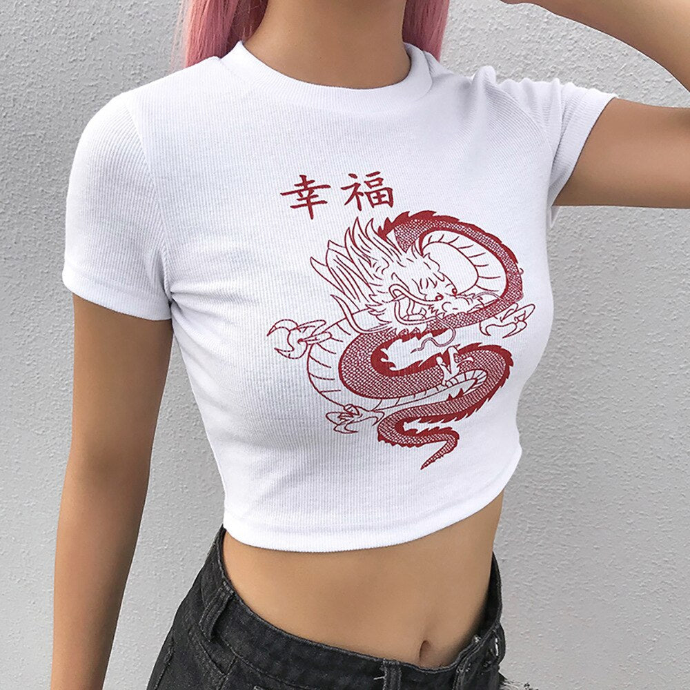 Celie Croptop T-shirt | Met retro draken design