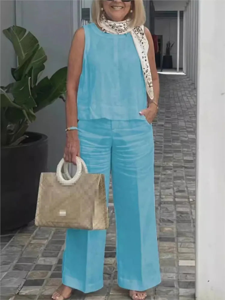 Tweedelige Dames Linnen Zomerset met Mouwloze Blouse – Maelis