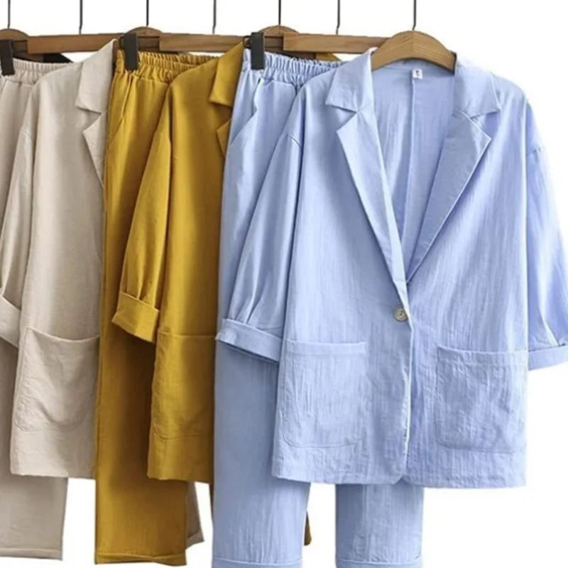 Luchtige & Stijlvolle Tweedelige Damesset met Jasje en Rechte Broek – Sorella