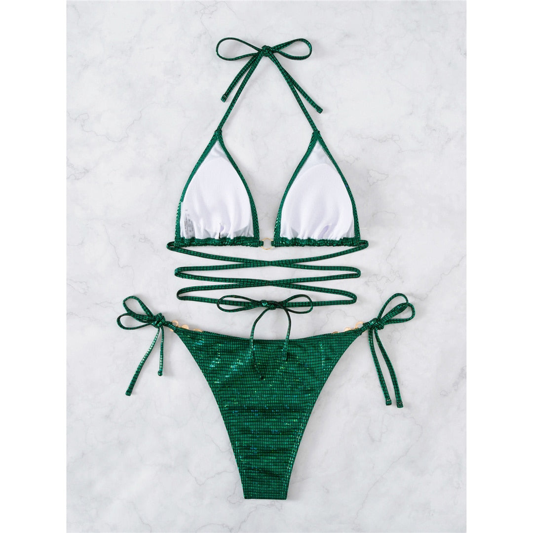 Greeny Glitter Bikini | Met sexy straps