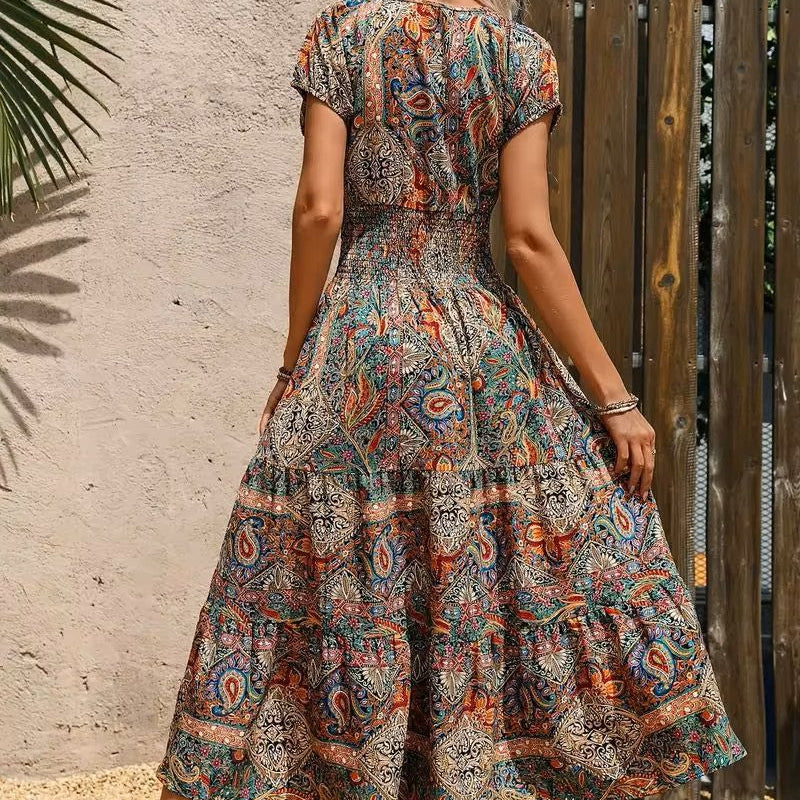 Luchtige dames maxidress met boho print & V-hals - Nayeli
