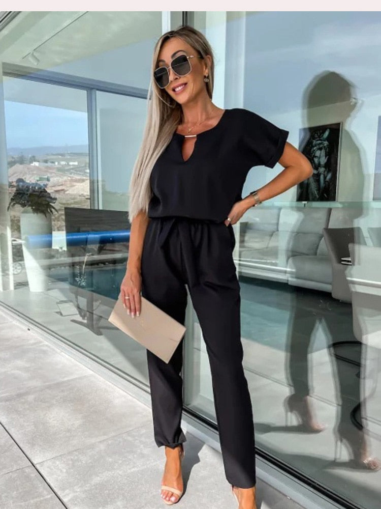 Jumpsuit met Korte Mouwen en Ceintuur - Eliana