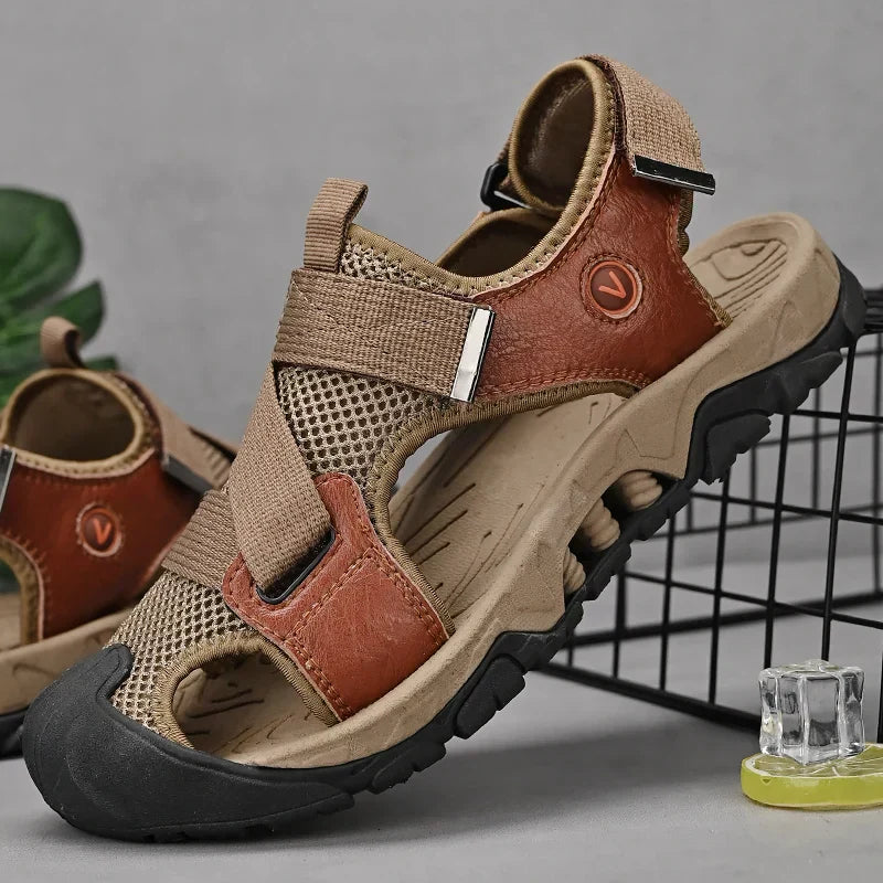 Khaki KleurigeLeren Herensandalen in Romeinse Stijl - Cassian