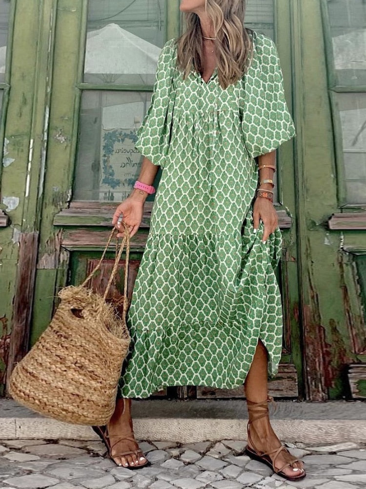 Bedrukte Maxi Jurk met Tailleband – Aurelia