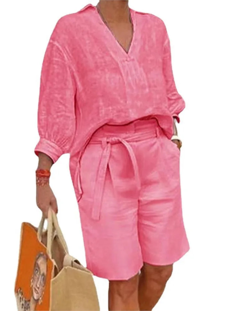 Luchtige & Stijlvolle Tweedelige Linnen Dames Set met Blouse & Shorts – Malea