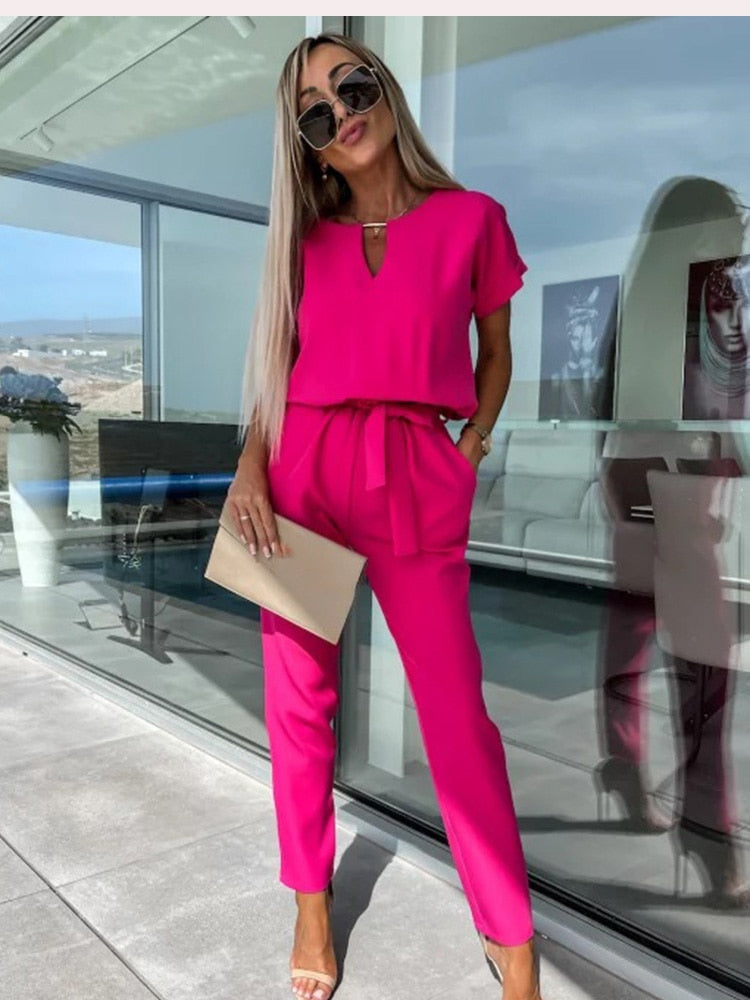 Jumpsuit met Korte Mouwen en Ceintuur - Eliana