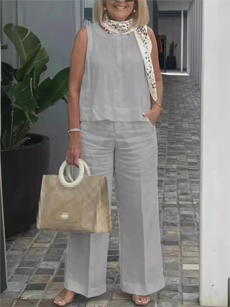 Tweedelige Dames Linnen Zomerset met Mouwloze Blouse – Maelis