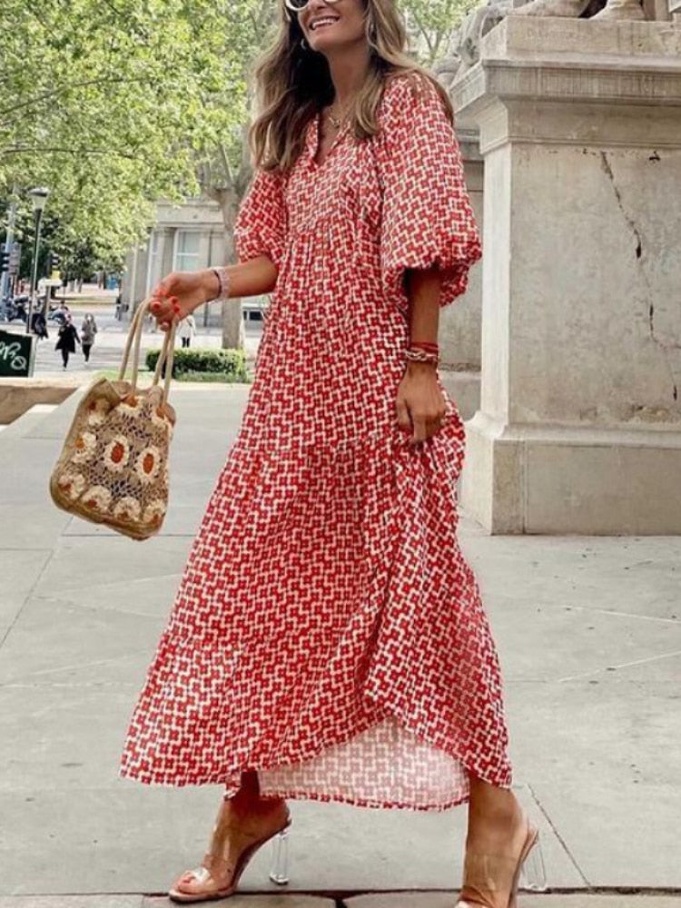 Bedrukte Maxi Jurk met Tailleband – Aurelia