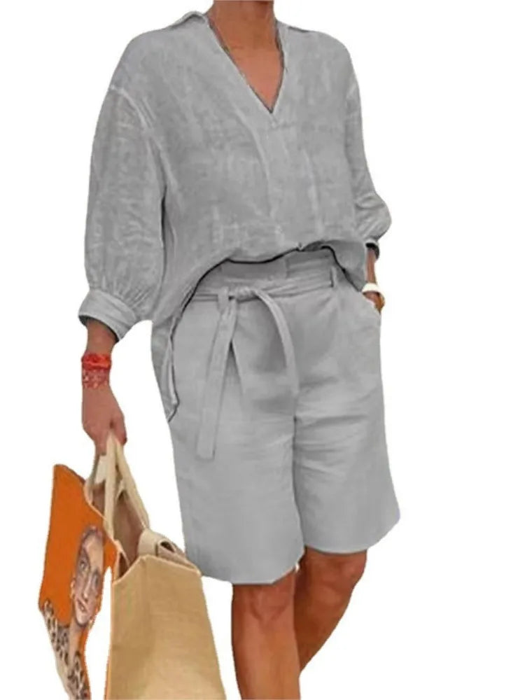 Luchtige & Stijlvolle Tweedelige Linnen Dames Set met Blouse & Shorts – Malea