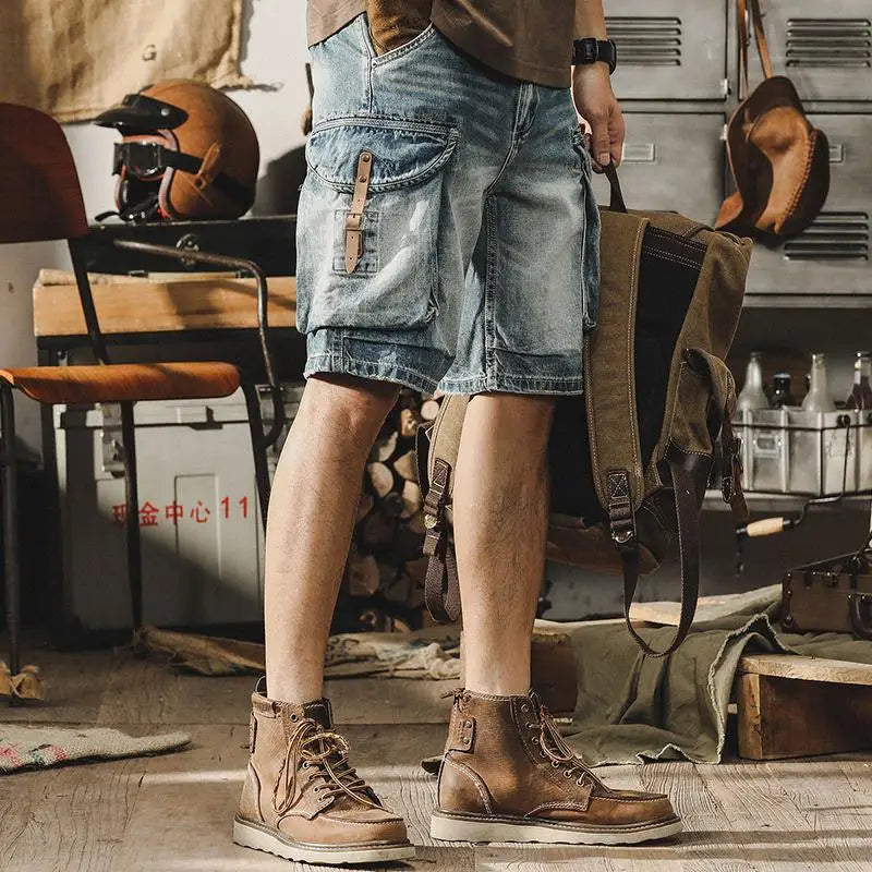 Heren Denim-Cargo-Bermuda in Retro Motorstijl – Ronex