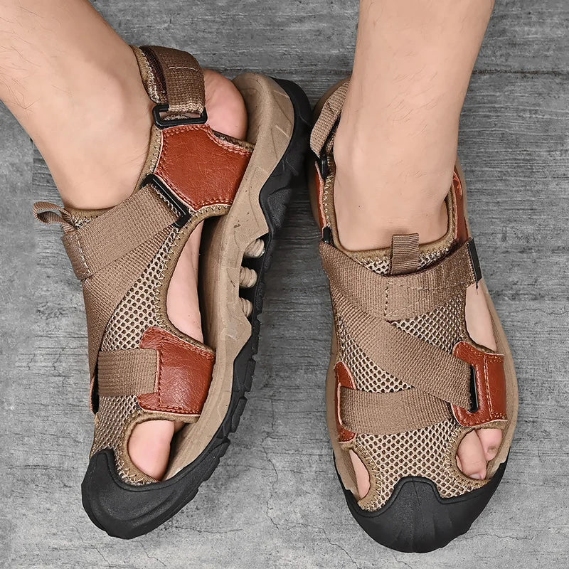 Khaki KleurigeLeren Herensandalen in Romeinse Stijl - Cassian