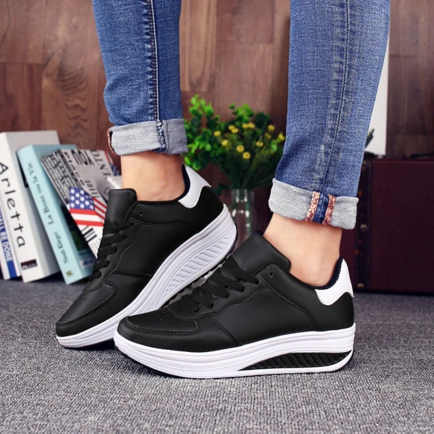 Orthopedische Dames Sneakers in Zwart Leer - FlexiStep