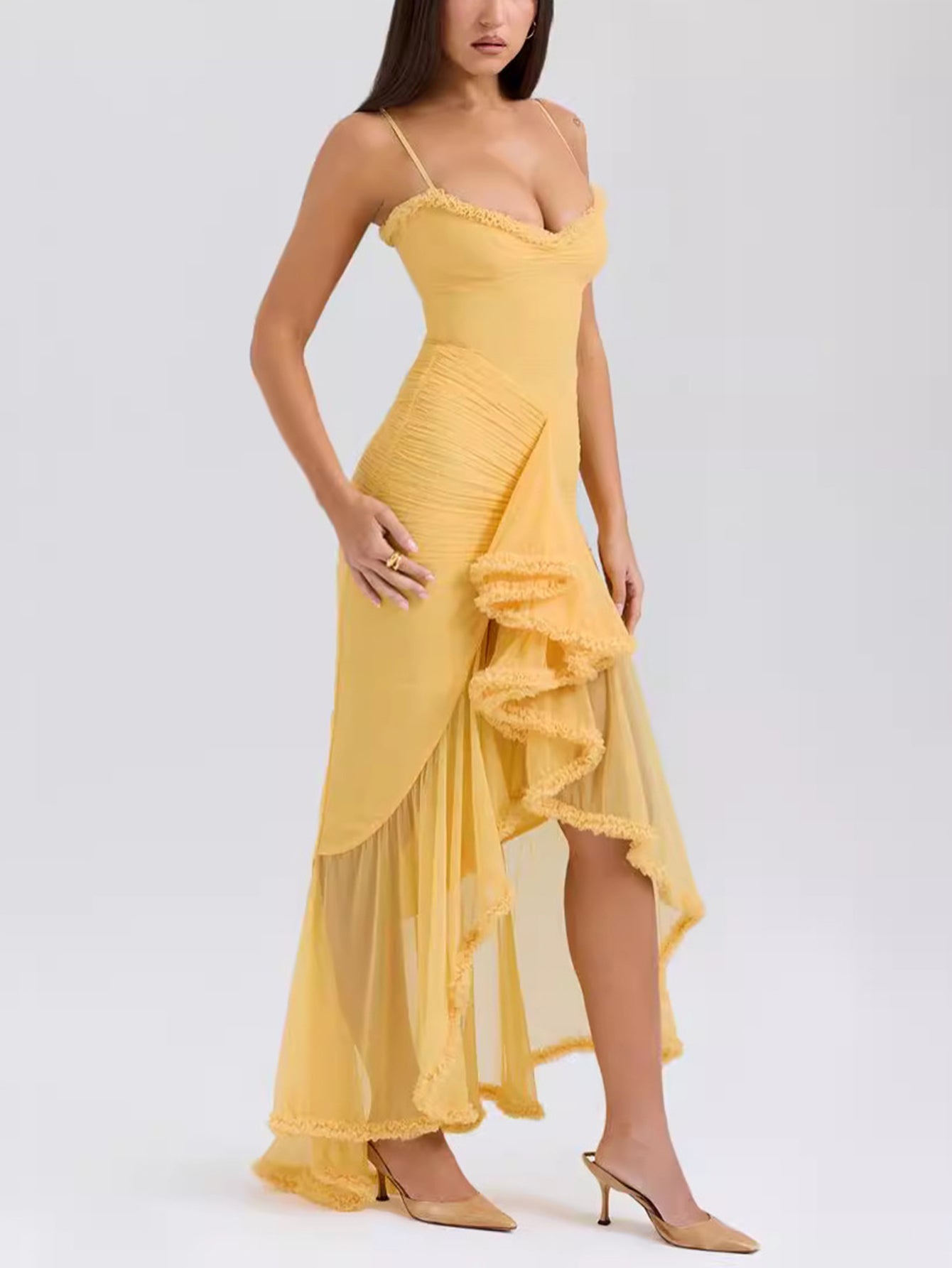 Trendige maxi jurk met ruches en spaghettibandjes - Loyza