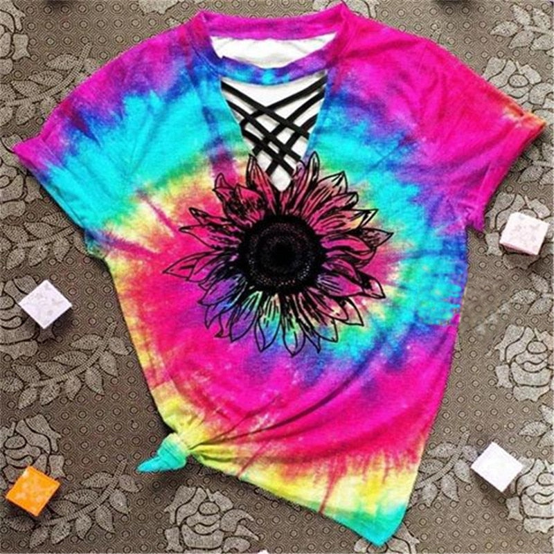Trendy dames T-shirt met cut-out ontwerp en tie-dye patroon - Norina
