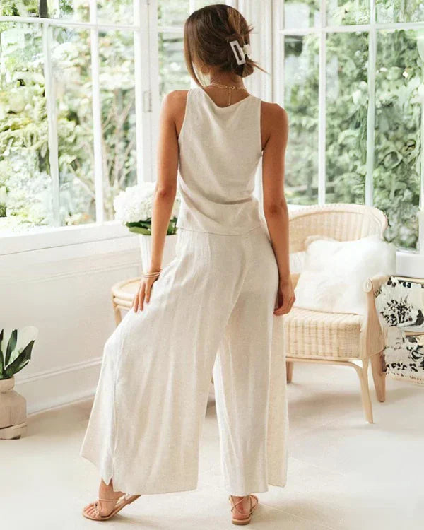 Katoenen tweedelige dameset met ronde hals en relaxbroek – Tilda