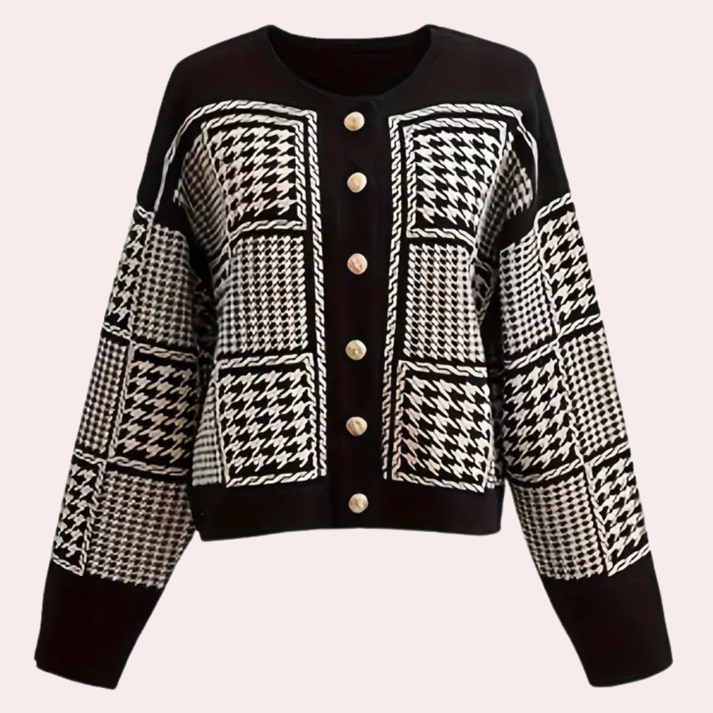 Zwarte Dames Cardigan met Pied-de-Poule Motief - Isolde