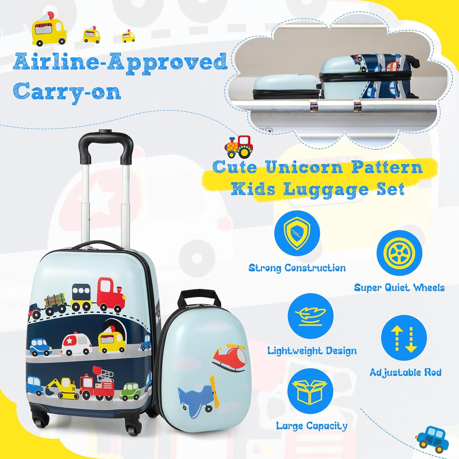 Kinder 2-delige harde koffer en rugzakset met 360° wielen – Helicopter