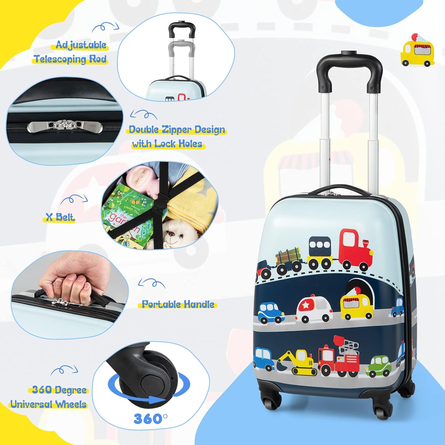 Kinder 2-delige harde koffer en rugzakset met 360° wielen – Helicopter