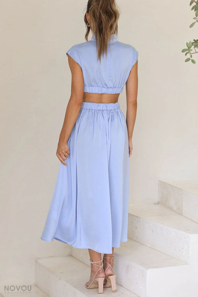 Trendy Midi Zomerjurk met Col en Taille Uitsparing – Avelina