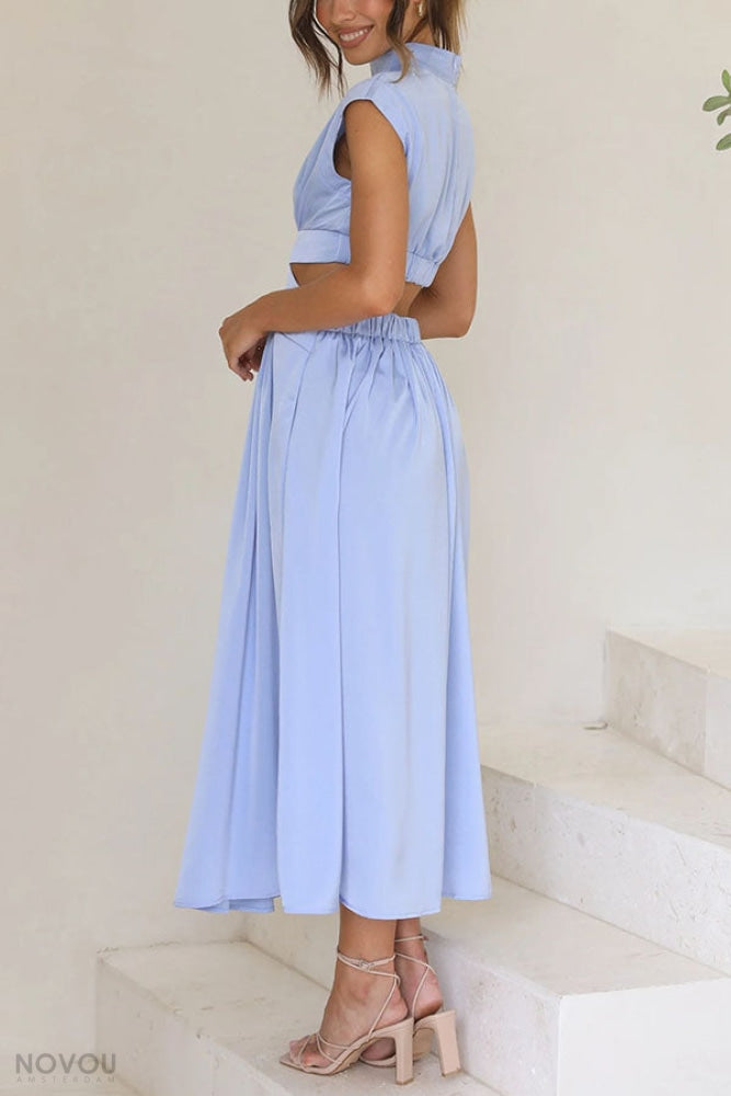 Trendy Midi Zomerjurk met Col en Taille Uitsparing – Avelina