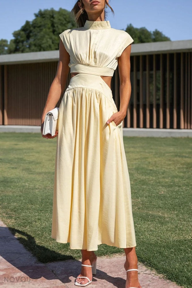 Trendy Midi Zomerjurk met Col en Taille Uitsparing – Avelina