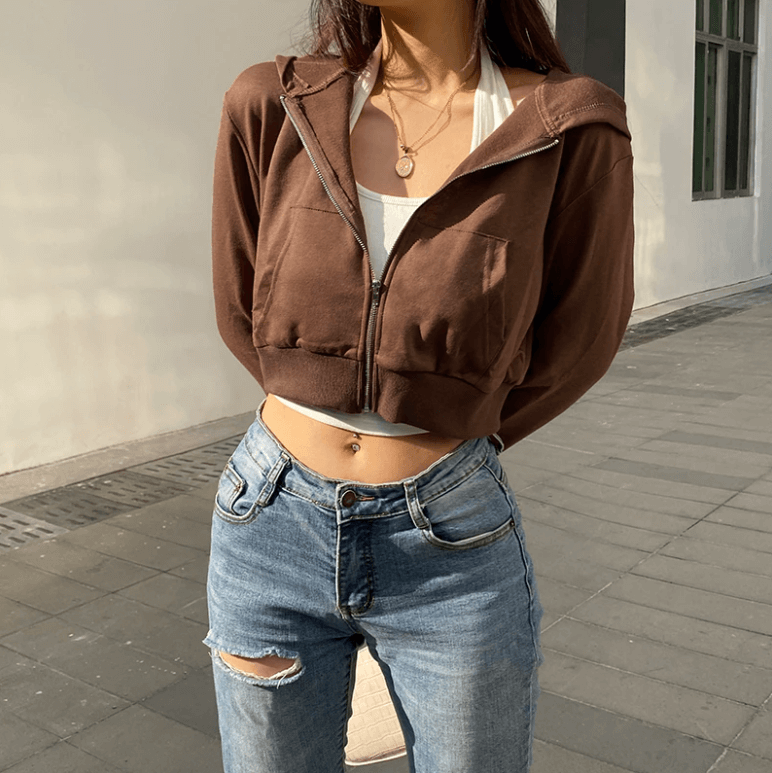 Trendy figuurlijke dames cropped zip-up hoodie met capuchon - Alina