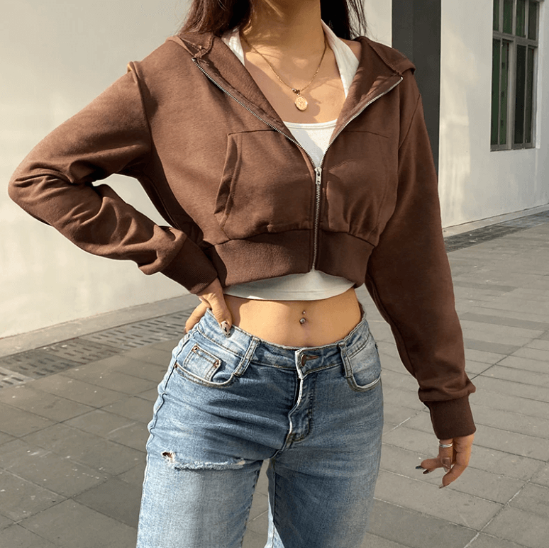 Trendy figuurlijke dames cropped zip-up hoodie met capuchon - Alina
