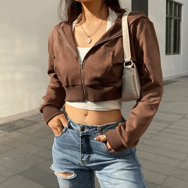 Trendy figuurlijke dames cropped zip-up hoodie met capuchon - Alina