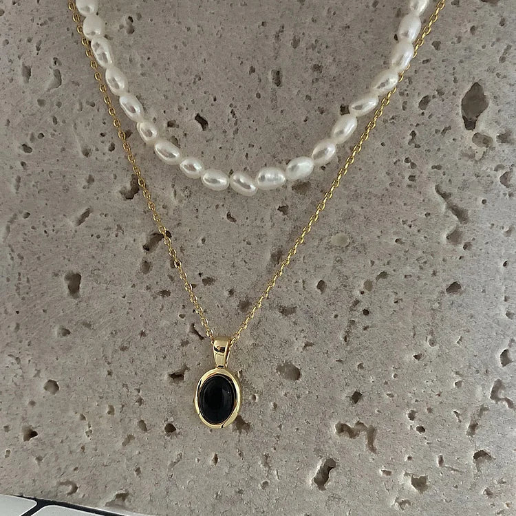 Zwarte Onyx en Parel Stapelketting - Aria