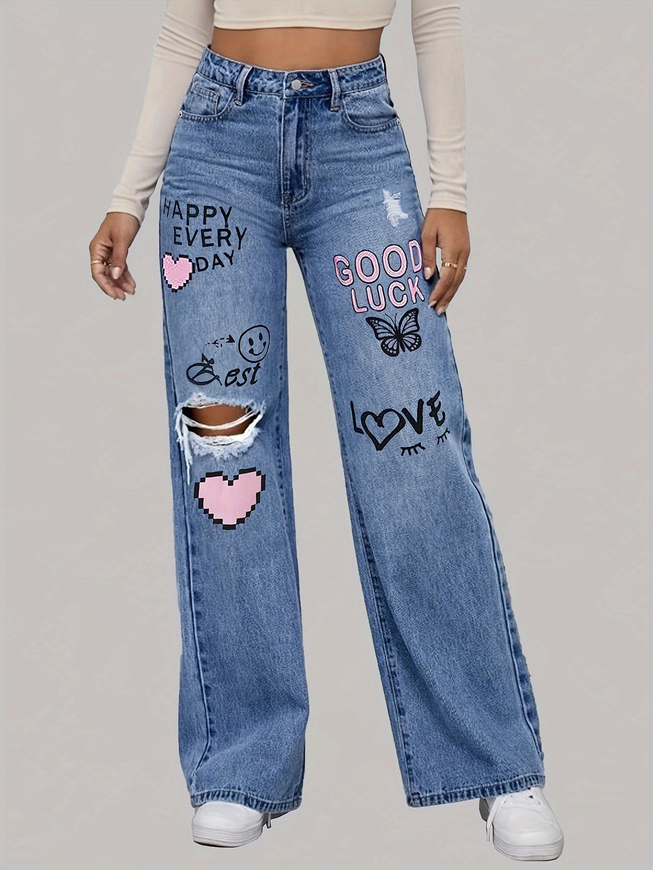 Dames Jeans met Hartjes- en Graffitiprint - Lotte
