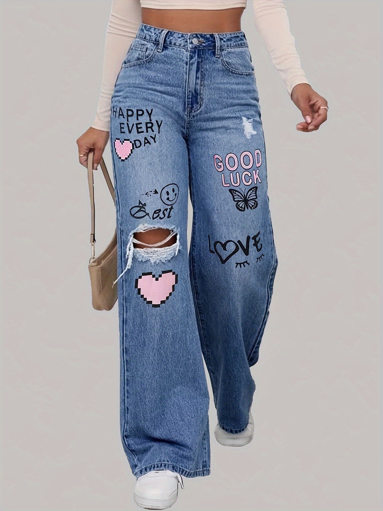 Dames Jeans met Hartjes- en Graffitiprint - Lotte