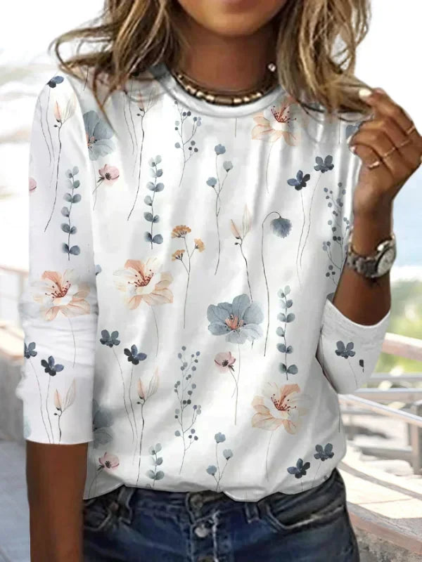 Gebreid Dames shirt met bloemenpatroon & ronde hals – Fiorina