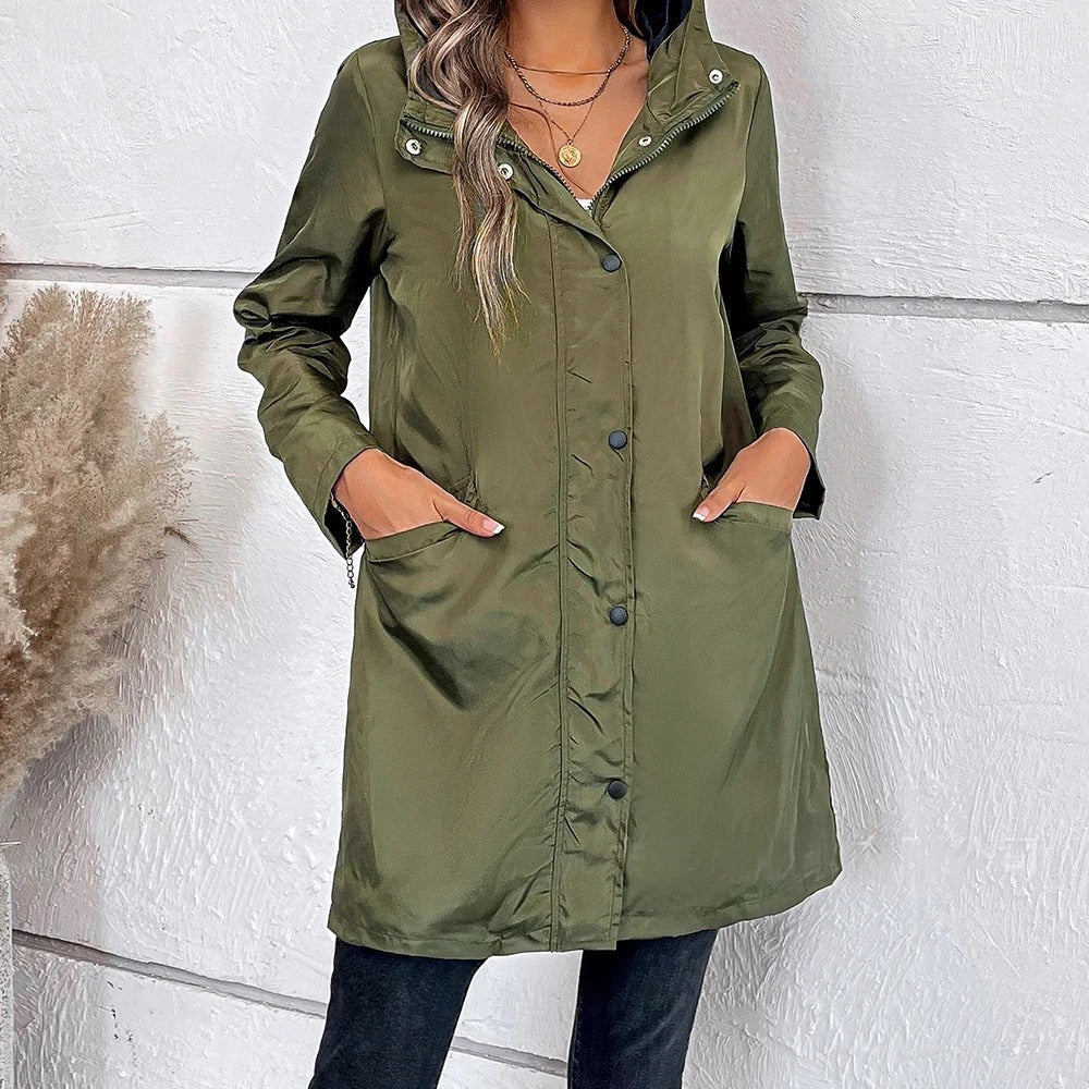 Lange Dames Herfstjas met hoge kraag & knoopsluiting – Leandra