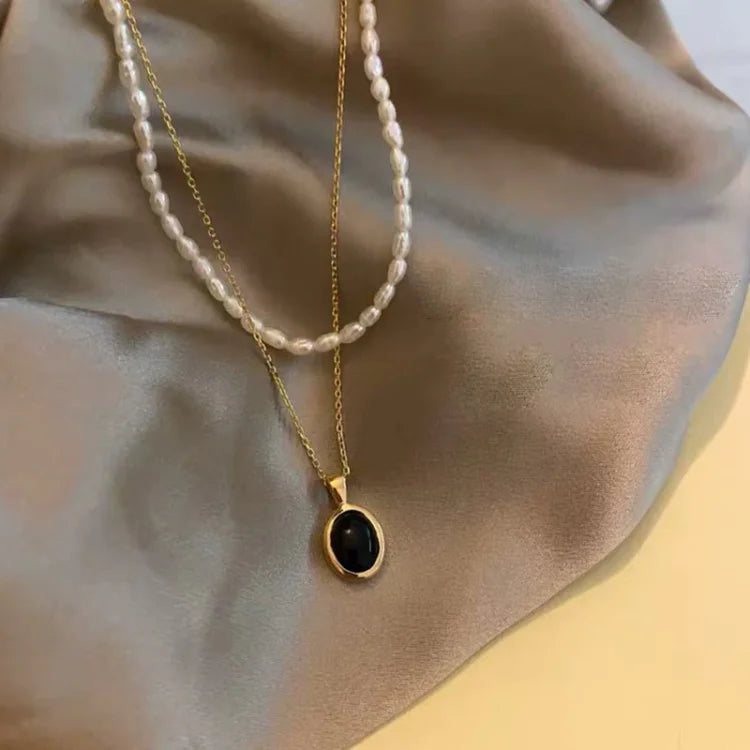Zwarte Onyx en Parel Stapelketting - Aria