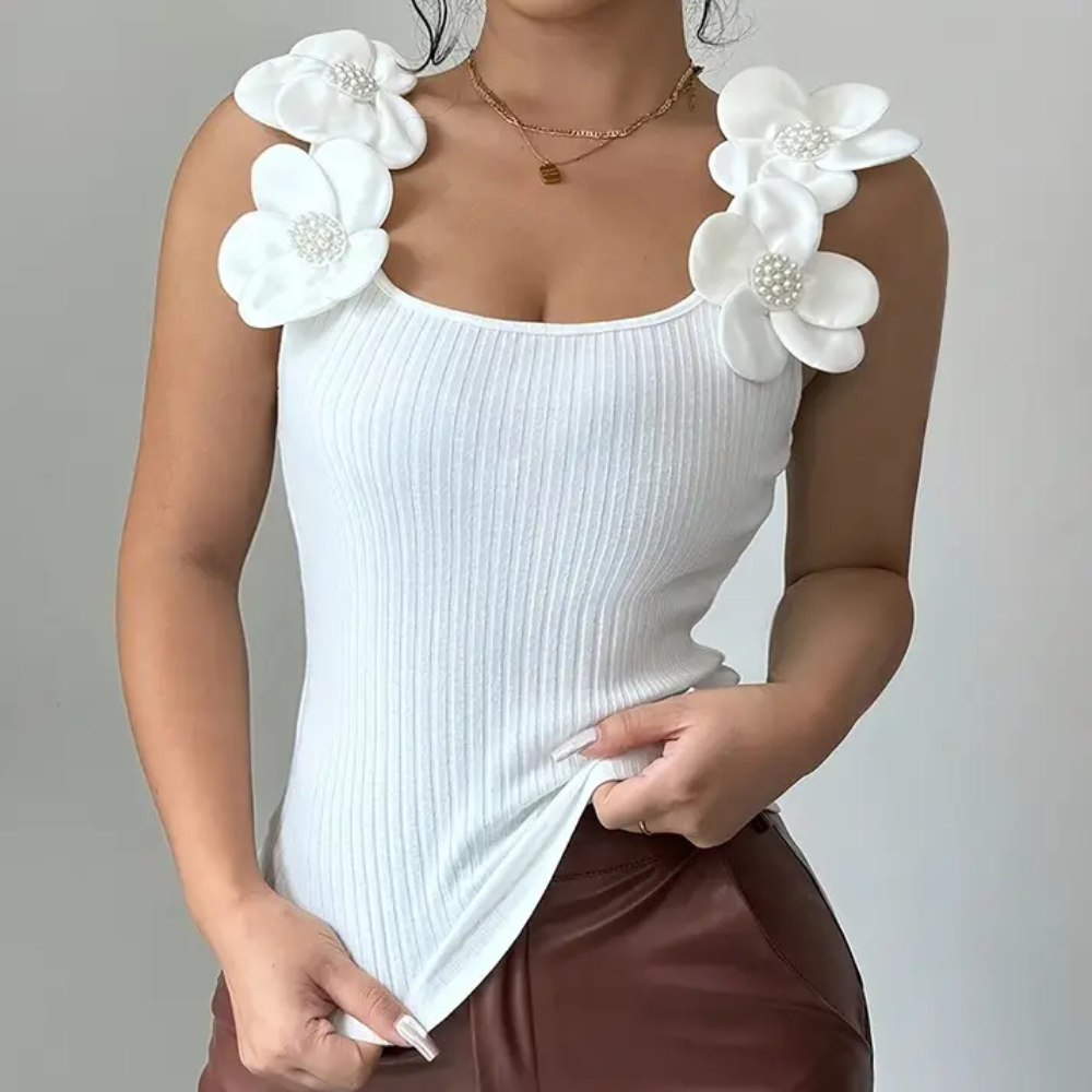 Trendy Witte Mouwloze Dames Top met Bloemdetails - Elara