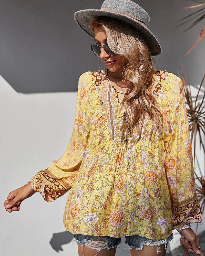 Vintage Boho zomerblouse met bloemenprint en lange mouwen – Sana
