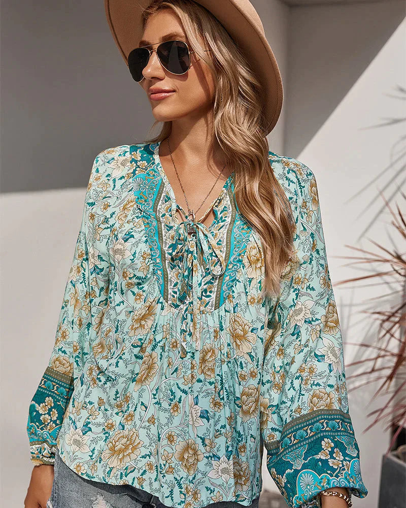 Vintage Boho zomerblouse met bloemenprint en lange mouwen – Sana
