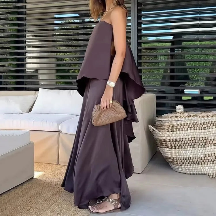 Tweedelige off-shoulder blouse- en maxi-rokset voor dames – Jolina