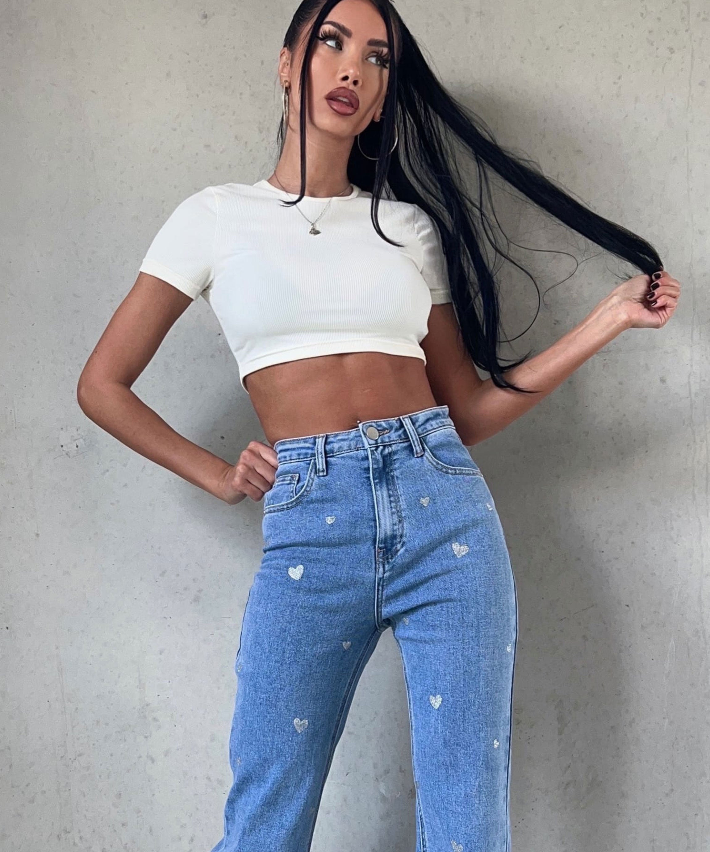 Dames Stretch Jeans met Wijde Pijpen en Hartjesprint - Amelie