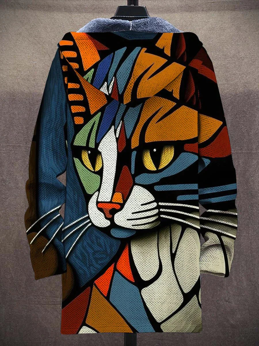 Abstracte Kattenprint Vest met Pluche Voering - Luna