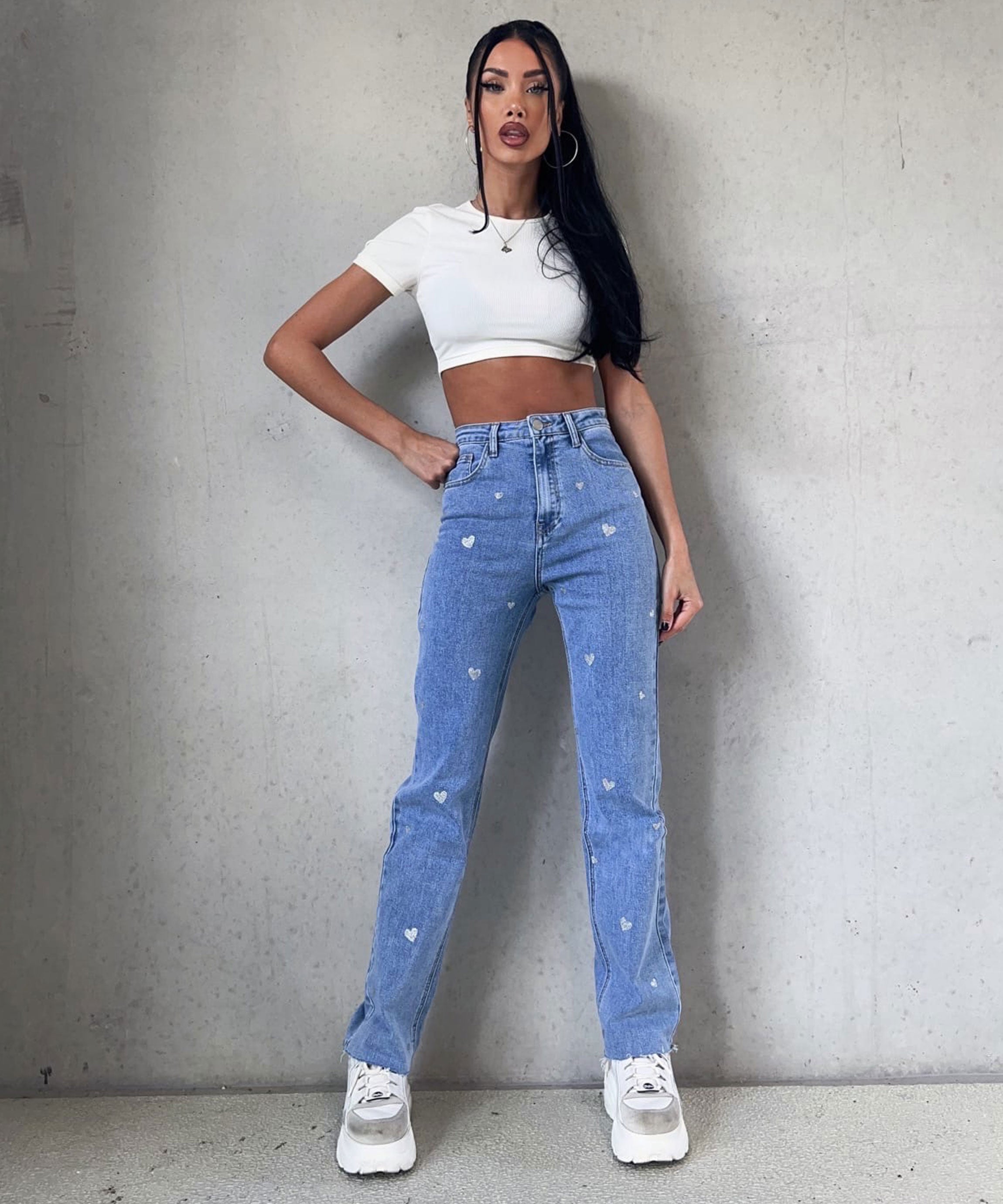 Dames Stretch Jeans met Wijde Pijpen en Hartjesprint - Amelie